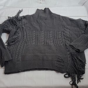Free Generation Gray Distressed Fringe Cable Knit Sweater Womens M Boho